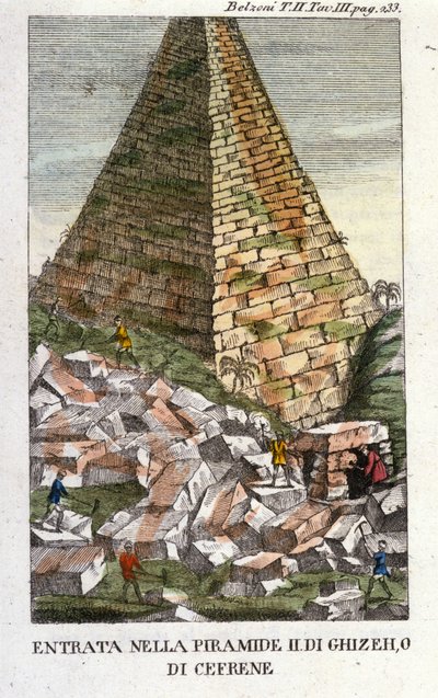 Belzonin sisäänkäynti Guizehin (Guiseh, Giza, Giza) tai Chephrenin (vanha valtakunta) pyramidiin. Giovanni Battista (Gianbattista) Belzoni (1778-1823), italialainen tutkimusmatkailija ja arkeologi, on tehnyt tärkeitä arkeologisia löytöjä Egyptissä. Kaiverr tekijältä Italian School