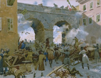 Tapahtumat 18.–22. maaliskuuta 1848, milanolaiset jahtaavat itävaltalaisia, kuva Risorgimenton historiaa käsittelevästä albumista, joka on tehty suklaa Talmonelle, 1800-luvun loppu tekijältä Italian School