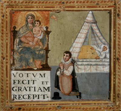 Ex-voto, joka kuvaa miestä, joka kiittää Neitsyttä polvillaan sairaudesta parantumisesta, 1604 tekijältä Italian School