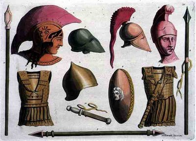Esimerkkejä etruskien aseista ja haarniskeistä Costumi dei Romanista, kaiverrettu D. K. Bonatti, n. 1805-20 (akvatinta) tekijältä Italian School