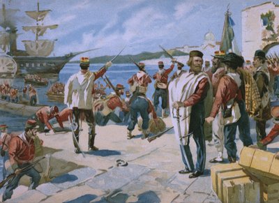 Tuhannen retkikunta Giuseppe Garibaldin johdolla, laskeutuminen Marsalaan, Sisiliaan, 1860, kuva Risorgimenton historiaa käsittelevästä albumista, joka on tehty suklaa Talmonelle, myöhään tekijältä Italian School
