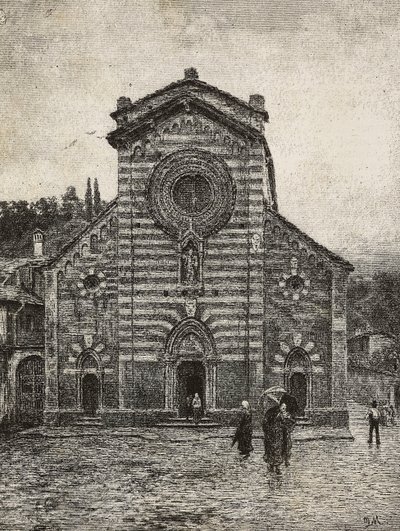 Bellanon katedraalin julkisivu, Comojärvi, Italia, kaiverrus Quinto Michettin piirroksesta, L