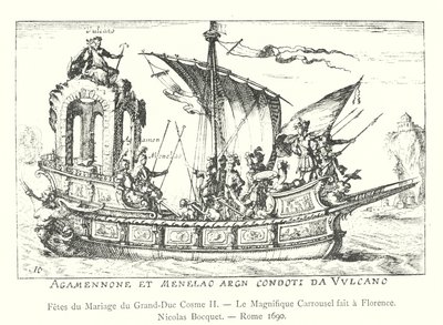 Suurherttua Cosimo II:n hääjuhlat, Firenzessä valmistettu upea karuselli, Nicolas Bocquet, Rooma 1690 (kaiverrus) tekijältä Italian School