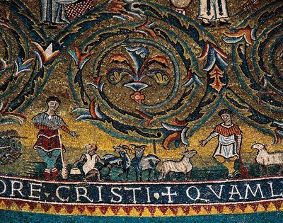 Figuurit paimenista ja eläimistä, yksityiskohta Triumph of Crossista apside-medaljonista (mosaiikki) tekijältä Italian School