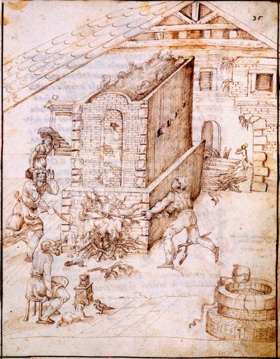 Varhaisen uunin polttaminen, noin 1630-luku (käsikirjoitus vellum) tekijältä Italian School