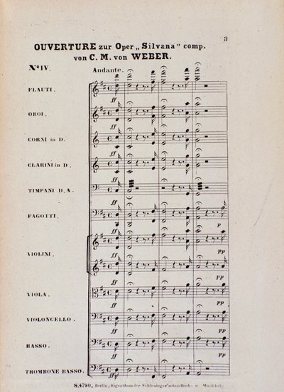 Ensimmäinen sivu Karl Maria von Weberin (litho) oopperan Silvana alkusoitosta tekijältä Italian School