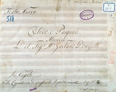 Gaetano Donizettin "Olivo e Pasquale" -oopperan partituurin ensimmäinen sivu (muste paperille) tekijältä Italian School