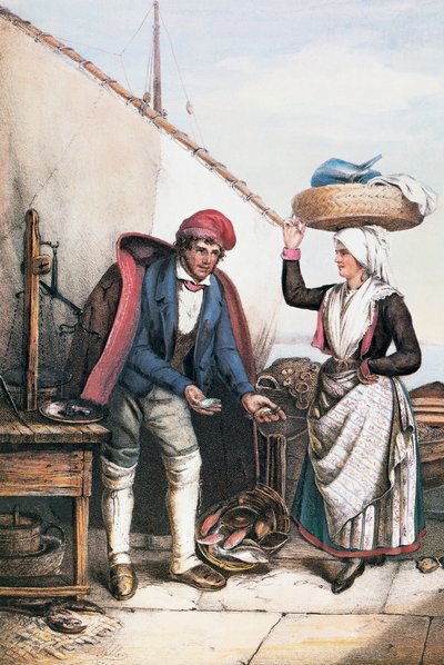 Kalakauppias ja talonpoika, kuvitus Costumes of Istriasta, Italiasta tekijältä Italian School