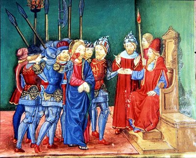 Fol.106v Kristusta johdetaan vankina ylimmäisen papin Anasin (vellum) eteen tekijältä Italian School
