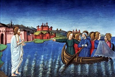 Fol.134r Opetuslapset kalastavat Galilean järvessä (vellum) tekijältä Italian School