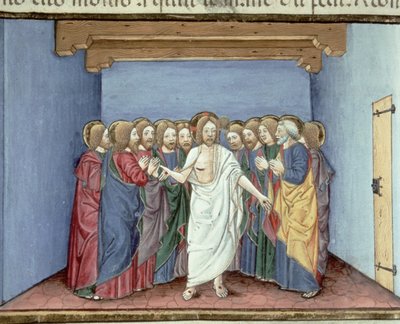 Fol.135v Jeesus ilmestyy opetuslapsille, jotka ovat kokoontuneet saman katon alle tuomarien pelossa (vellum) tekijältä Italian School