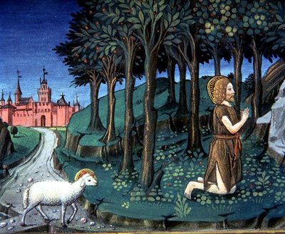 Fol.143v Pyhä Johannes Kastaja rukoilee autiomaassa (vellum) tekijältä Italian School