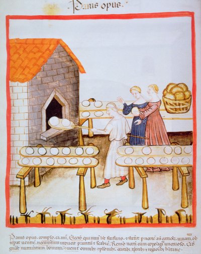 Fol.63v Baking Brown Bread, kuva Tacuinum Sanitatisista tekijältä Italian School