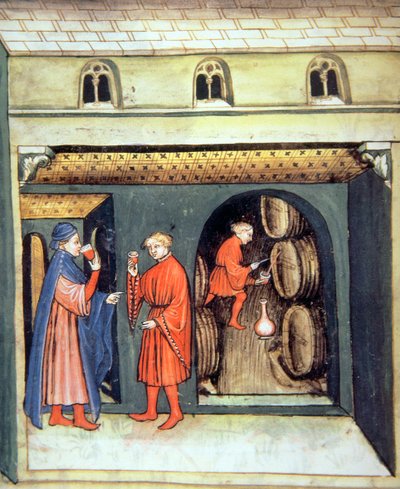 Fol.86v Aged Fruit Wine, kuvitus Tacuinum Santiatis Codex Vindobonensis tekijältä Italian School