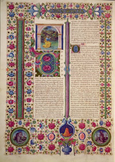 Fol.87v Profeetta Hoosean (pieni profeetta, joka saarnaa epäjumalia palvovia juutalaisia vastaan) kirjan avaaminen Borso d