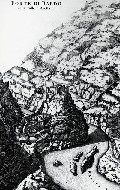 Fort Bard, kaiverrus Theatrum Sabaudiaesta tekijältä Italian School