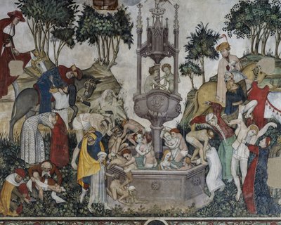 Nuorten suihkulähde, yksityiskohta Nuorten suihkulähteestä, fresko Baronial Hallissa, Mantan linna, Saluzzo, Piemonte, Italia tekijältä Italian School