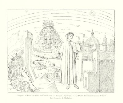Fresko Santa Crocen servin ovella, allegorinen maalaus, Dante, Firenze ja seitsemän ympyrää, Domenico di Michelino (kaiverrus) tekijältä Italian School
