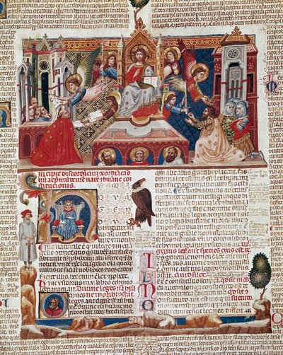 "Decret de Gratien" ("Concordia discordantiorum canonum" tai "Decretum Gratiani") käsikirjoituksen etusivu vuodelta 1140 ja säätelee roomalaiskatolisen kirkon lakeja ja kaanoneja. 1300-luvun Siena, Biblioteca degli Intronati tekijältä Italian School