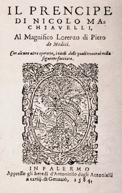 Etukappale Niccolo Machiavellin "Prinssistä" (litho) tekijältä Italian School