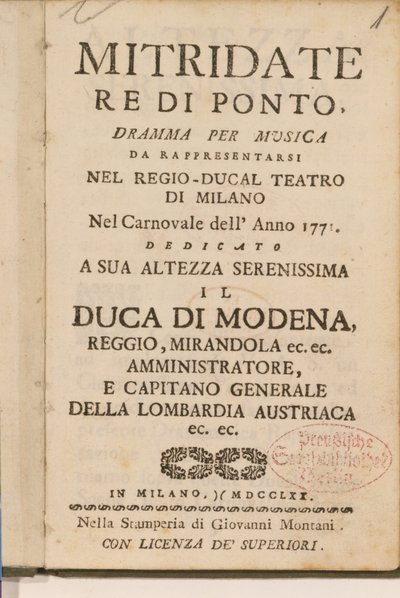 Etukappale Wolfgang Amadeus Mozartin oopperan Mitridate, re di Ponte varhaisesta kopiosta, 1770 tekijältä Italian School