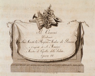 Italialaisen säveltäjän Natale Mussinin (1765-1837) Sei canonin partituurin etukappale, joka on omistettu Preussin kuningattarelle tekijältä Italian School