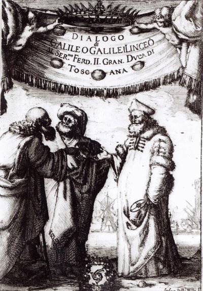 Galileon vuonna 1632 julkaisema Frontispiece to Dialogue on maailman kaksi suurinta järjestelmää tekijältä Italian School