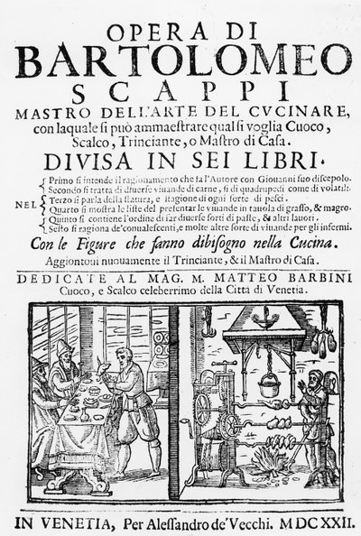 Etupuoli Bartolomeo Scappin keittokirjaan, 1622 tekijältä Italian School
