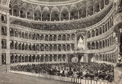 Gaalailta Costanzo-teatterissa Saksan kruununprinssin (tuleva Frederick III) kunniaksi, Rooma, Italia, kaiverrus Dante Paoloccin piirroksesta, L