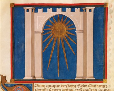 Auringon portti, miniatyyri Perugian notaarien rekisteristä, käsikirjoitus, Italia 1300-luku. tekijältä Italian School