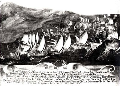Kenraali Francisco Morosini (1618-94) ja venetsialainen laivasto turkkilaisen laivaston kohtaamisessa Kreetan rannikolla toukokuussa 1661. tekijältä Italian School
