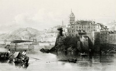 Genovan venesataman seinä, taustalla Villa Doria Pamphili, kaiverrus, n. 1850, Italia tekijältä Italian School