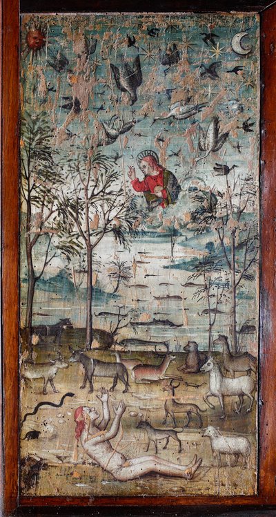 Jumala luo Aadamin, eläimen, maan, taivaan ja veden Puumaalaus, joka koristaa Bramanten muinaisen sakristin kaappipaneelia (Maalausta Bramanten sakristissa) Basilica di Santa Maria delle Grazie, Milano, Italia tekijältä Italian School