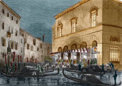 Gondolierit odottavat katsojia Teatro La Fenicen ulkopuolella, Venetsia, Italia, Le Monde Illustre nro 564, 1868 tekijältä Italian School