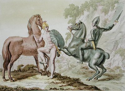 Kreikan ratsuväki, levy 44 Jules Ferrarion "Le Costume Ancien et Moderne" -julkaisusta, julkaistu noin 1820-30-luvulla (värilitho) tekijältä Italian School