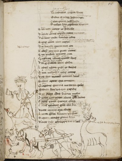 Harley 2453, f.55 Metsästyskohtaus villisian, poltan, metsästäjien, koirien ja jänisen kanssa Tragodiaesta, Lucius Annaeus Seneca tekijältä Italian School