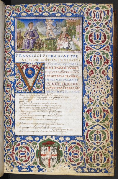 Harley 3567, f.9 Petrarchin ja Lauran miniatyyri, jossa Love suuntaa nuolensa Lauraan, elokuvasta Rime and Trionfi tekijältä Italian School