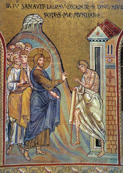 Spitaalisen parantaminen - mosaiikki, Monreale, Italia tekijältä Italian School