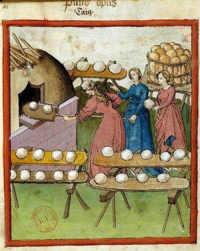 Terveyskäsikirja: leivän leivonta. Miniatyyri käsikirjoituksesta ”Tacuinum Sanitatis”, Lombardia, 1300-luvun 3. neljännes. Paris, B N tekijältä Italian School