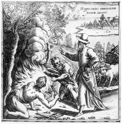 Hippokrates (n. 460-n. 377 eKr.) selittää tartunnan tärkeyttä ruttoepidemiassa, otsikkosivu Hippocratis Opera Quae Extantista, pub. Venetsiassa 1588 tekijältä Italian School