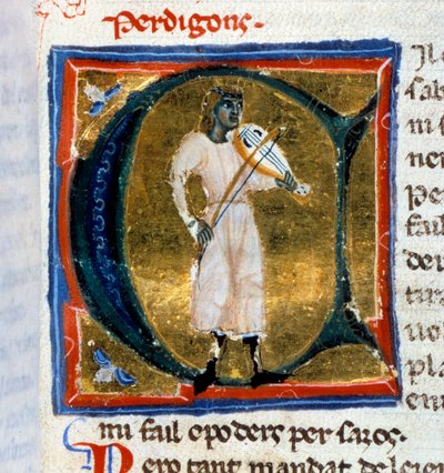 Historian kirjain (kirjain A). Perdigon Troubadour näyttelee vanhaa miestä. Miniatyyri otettu käsikirjoituksesta "" Chansonnier provencal"" (Folio 36), kirjoittanut Perdigon ja kopioinut Venetsia-Padovan ateljee tekijältä Italian School