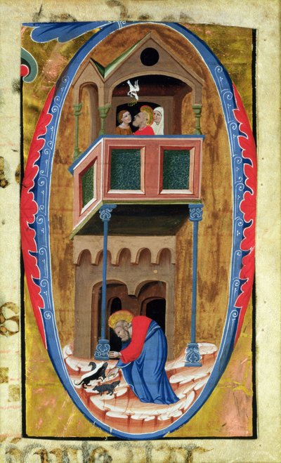 Historiallinen alkuperäinen D, joka kuvaa kohtauksia Legend of a Saint, 1300-luvun lopusta, tekijältä Italian School