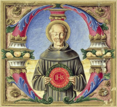 Historiallinen alkukirjain "M", joka kuvaa St. Bernardino of Siena (vellum) tekijältä Italian School