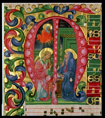Historioitu alkukirjain M, joka kuvaa Annunciation tekijältä Italian School