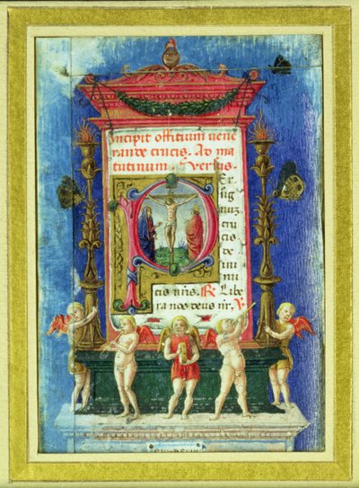 Historioitu alkukirjain "P", joka kuvaa ristiinnaulitsemista, sivu Tuntikirjasta (vellum) tekijältä Italian School