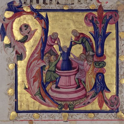 Historiallinen alkukirjain "U", joka kuvaa Josephia, jota hänen veljensä, Toscanan koulu, vetivät kaivosta (vellum) tekijältä Italian School