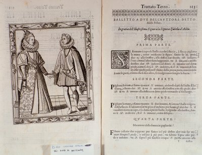 Kuinka tanssia baletti kahdelle Italialaisen tanssijan Cesare Negrin Le Gratie dAmore (Le Grazie dAmore) kaksoissivu nimeltä Il Trombone (1536-1604), tanssisopimus tekijältä Italian School