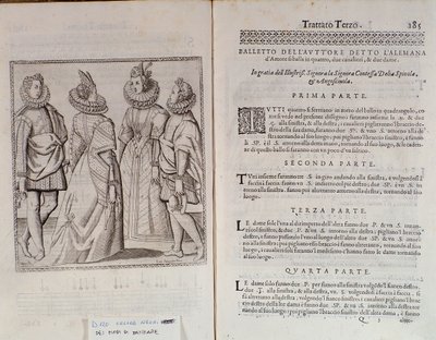 Kuinka tanssia Alemannaa italialaisen tanssijan Cesare Negrin Le Gratie dAmore (Le Grazie dAmore) kaksoissivu nimeltä Il Trombone (1536-1604), tanssisopimus tekijältä Italian School