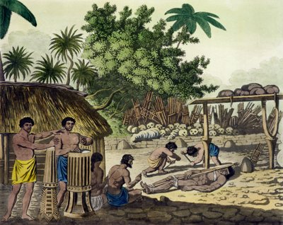 Human Sacrifice at Otaheite, levy 84 Le Costume Ancien et Modernesta, Jules Ferrario, julkaistu noin 1820-30-luvulla (katso myös 10204) tekijältä Italian School
