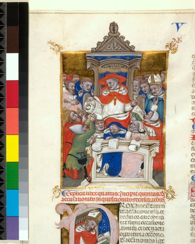 Valaistu käsikirjoitus. Novella Decretalesissa Kirjan V alku , n. 1355-1365 tekijältä Italian School
